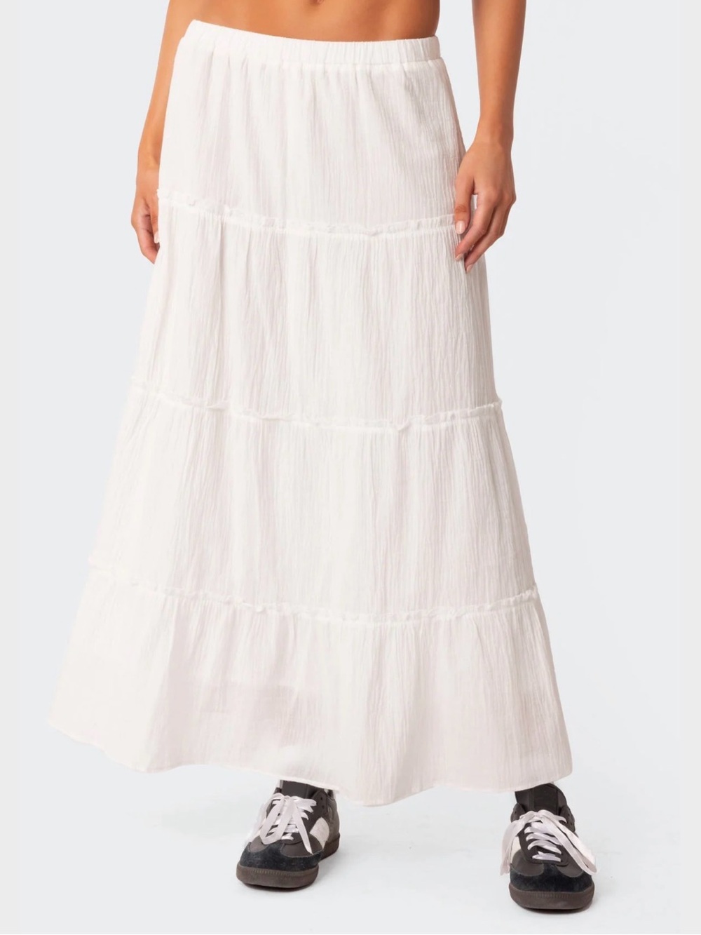 NWT Edikted White Maxi Skirt Size L Charlotte Tiered Maxi Skirt
